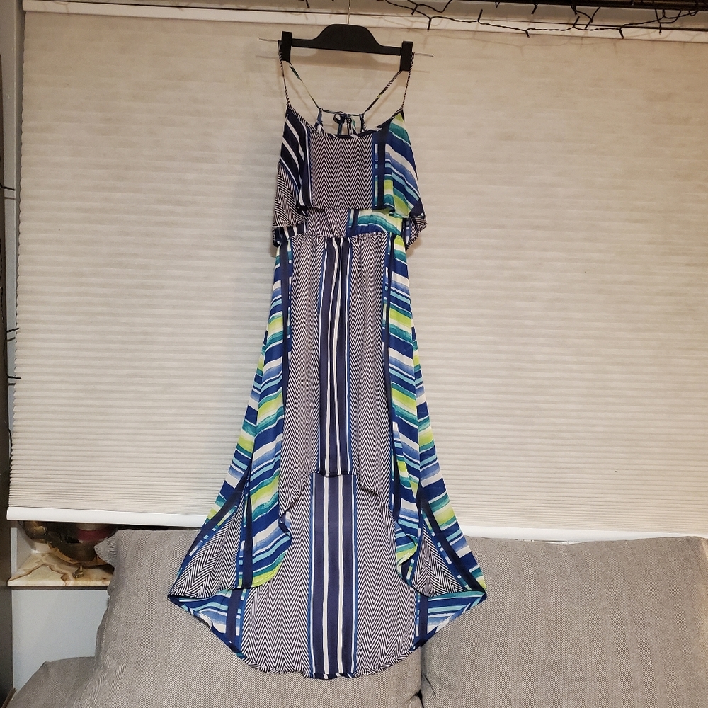 NWT Romeo & Juliet Couture women's high low dress size Small, green/blue/stripes